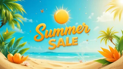 Tropical “Summer SALE” banner with bold orange text, glowing sun, palm leaves, and sandy textures on a bright blue background—perfect for seasonal retail and travel promotions