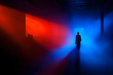 Fototapeta premium AI surreal neon landscape: Lone figure is consumed by surreal space, bathed in dramatic light creating an ethereal and slightly unsettling atmosphere