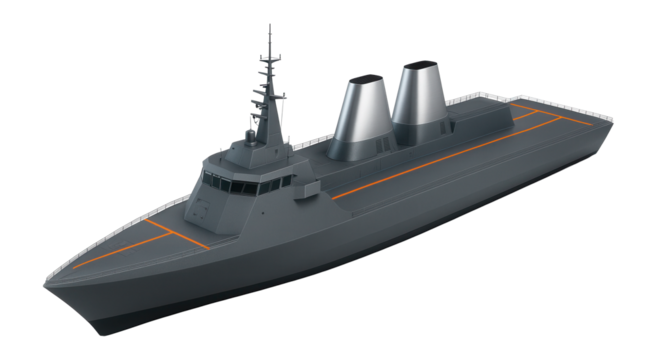 Diesel-electric powered frigate with twin funnels and streamlined profile