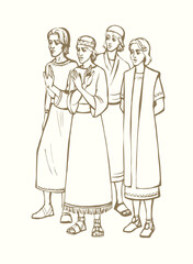 Vector drawing. Daniel and his friends refuse the king's food