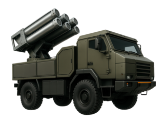 Armored air defense truck with a rear missile turret and side access panels