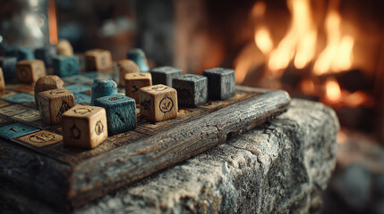 A close-up view of a wooden board game set on a stone surface, with colorful game pieces and a warm fireplace glowing in the background, creating an inviting atmosphere
