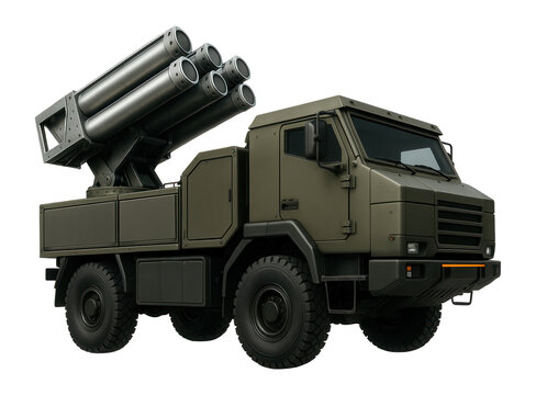 Armored air defense truck with a rear missile turret and side access panels