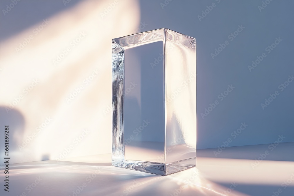 Aufkleber transparent rectangular glass block magnificently refracts light, creating intricate caustics and ra