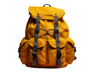 A sturdy, golden-hued backpack sits, beckoning to adventure, its many compartments and secure closures promising to carry all one might need on their next journey.