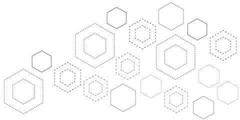 An illustration of a seamless geometric pattern of blue hexagons, cubes, and houses in a futuristic design. DNA network. Abstract geometric background with hexagon design. black, white, honeycomb, art