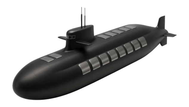 Ballistic missile submarine featuring a humpbacked silhouette and missile hatches