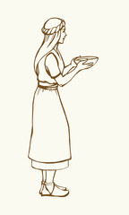 Vector drawing. Slave girl offer food