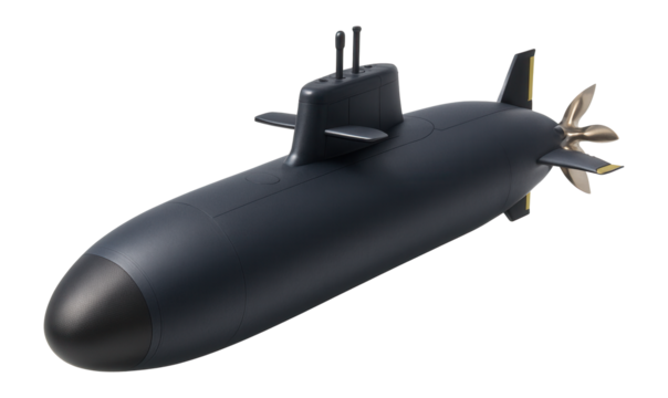 Nuclear attack submarine with a teardrop-shaped hull and forward-mounted sonar array