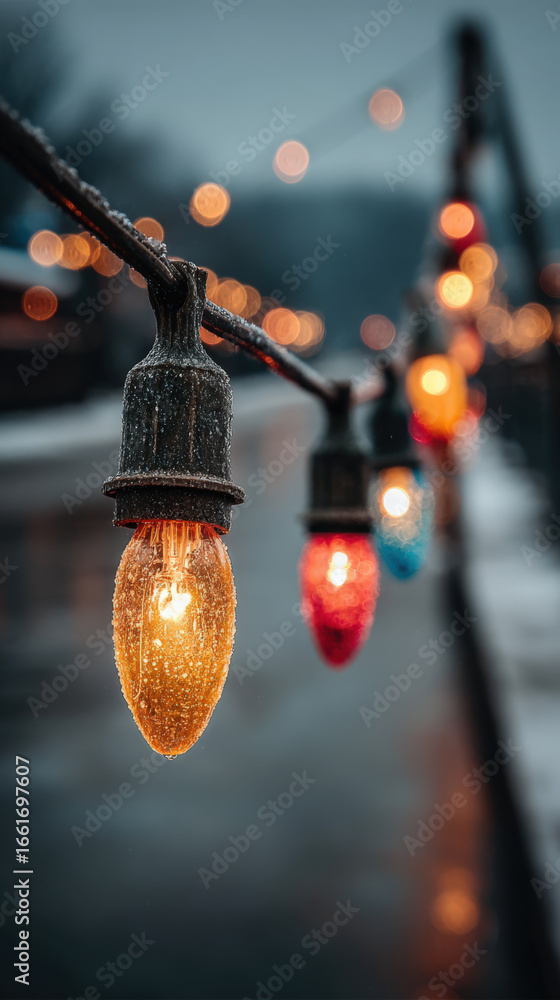 Poster colorful string lights glow softly in a winter setting, with soft bokeh background creating a festiv