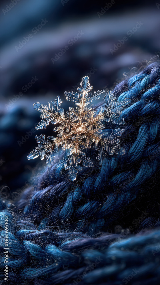 Poster a delicate snowflake rests on a soft blue knitted fabric, capturing intricate details and shimmering