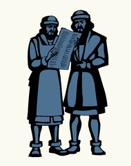 Vector drawing. Two men reding a newspaper