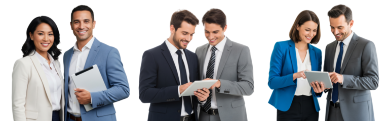 Collection of business people using tablet and working together isolated on white or transparent background