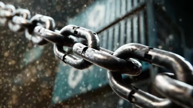 The chain is silver and has a square logo on it. Closeup broken metallic chain link with cargo container icon falling down, supply chain disruption, dramatic dark gritty industrial tones