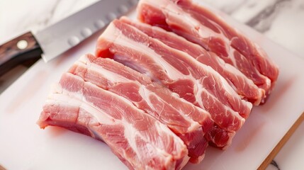 Fresh streaky pork with alternating layers of meat and fat, featuring a pinkish-red color and tender texture, placed on a white cutting board with a kitchen knife nearby, suitable for stir-frying
