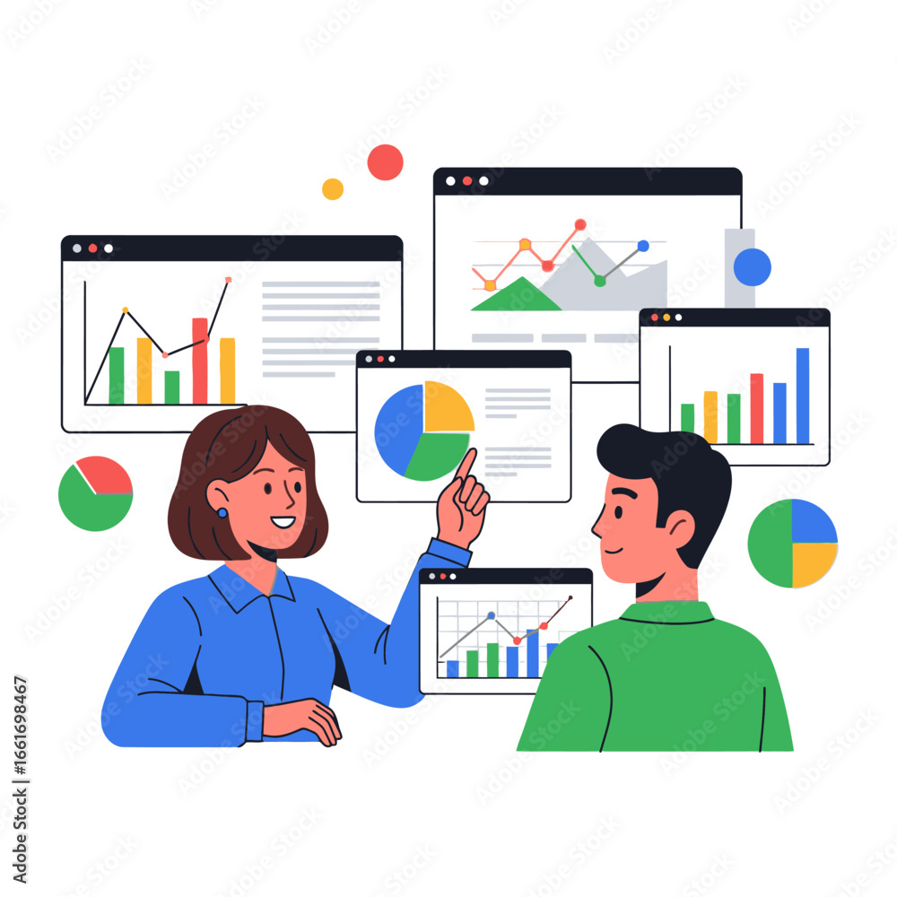 Poster data insights: an animated depiction of data analysis, with a female expert and male colleague explo