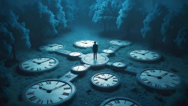 Surreal landscape with giant clocks on ground and lone person standing in misty atmosphere creating dramatic visual scene