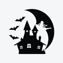 Halloween Castle, Bats, and Witch Silhouette vector