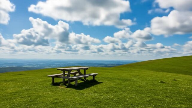 Picnic table on green hill under cloudy sky open air scene
