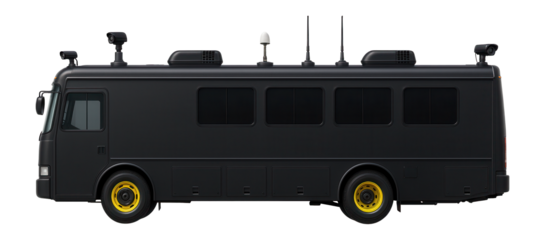 Law enforcement command bus with external surveillance cameras and communication antennas