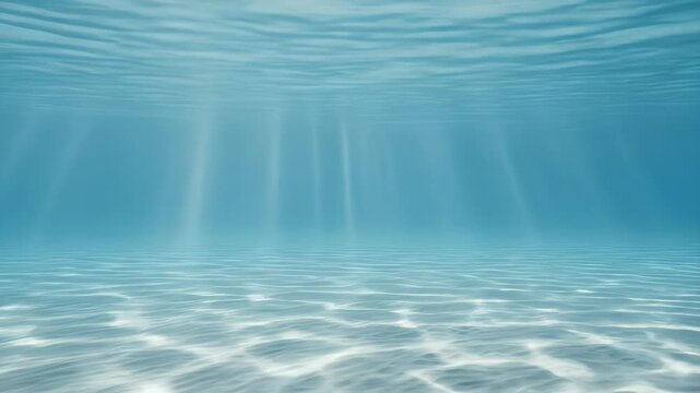 A tranquil underwater scene with sunlight rays filtering through the clear blue water creating beautiful caustic patterns on the sandy seabed loop