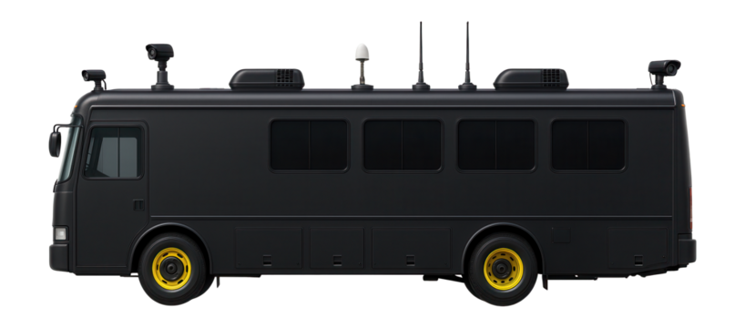 Law enforcement command bus with external surveillance cameras and communication antennas