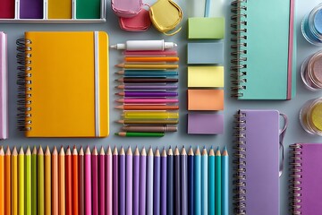 Vibrant desk area featuring writing materials and drawing pad stimulating imagination and order  
