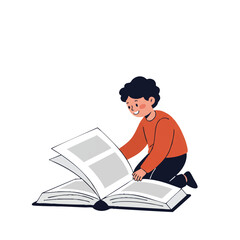 A cheerful child is joyfully kneeling by a large open book on the floor, presented as a vibrant 2D flat vector illustration with clean lines on a white background.