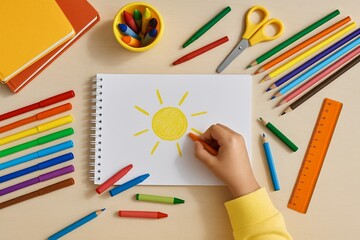 Naklejka premium Child drawing sun with crayons on sketchbook at desk with colorful art supplies