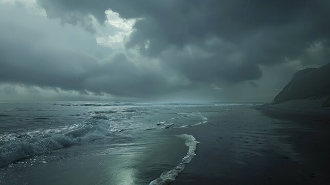 Moody beach scene with dark clouds and rain coming down hard