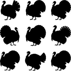 nine black silhouette illustrations of turkeys