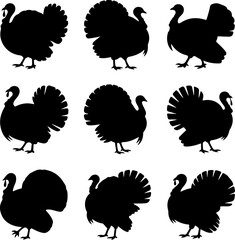 nine black silhouette illustrations of turkeys