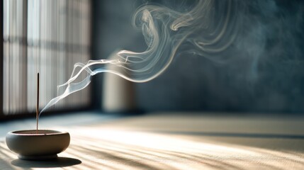 Fototapeta premium Incense stick burning in a ceramic holder. Delicate white smoke rises and curls gracefully. Sunlight creates long shadows on a light floor inside, promoting calm and peace.