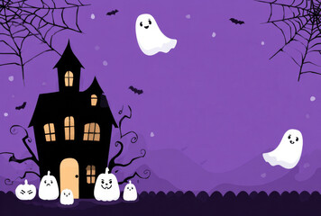 Haunted house with cute ghosts and bats on purple background, perfect for Halloween