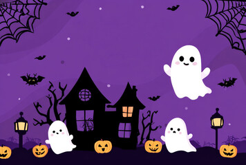 Cute ghosts float around haunted house with pumpkins and bats on purple Halloween night