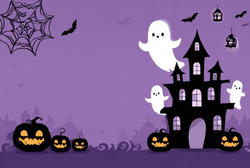 Spooky Halloween scene with ghosts, haunted house, and jack o lanterns on purple background