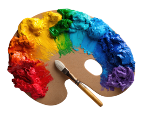 Colorful artist palette with vibrant oil paint and brush, featuring red, yellow, green, blue, and purple hues, perfect for creative painting and artistic inspiration