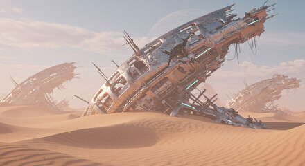 Wrecked futuristic spaceships lie partially buried in a sandy desert landscape under a hazy sky, suggesting a crash site.