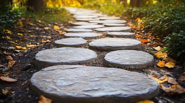A stone path winds through a forest with fallen leaves and lush greenery on either side in autumn light