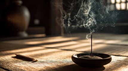 Obraz premium Fragrant incense stick burning, ethereal smoke rising gently. Peaceful atmosphere in a sunlit room, soft shadows on woven mat.