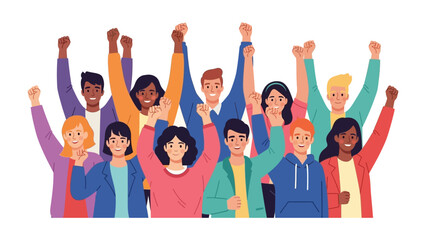 Fototapeta premium Unity in Expression: An illustration showcasing a united group of individuals, their arms raised in a symbol of solidarity and communal spirit.