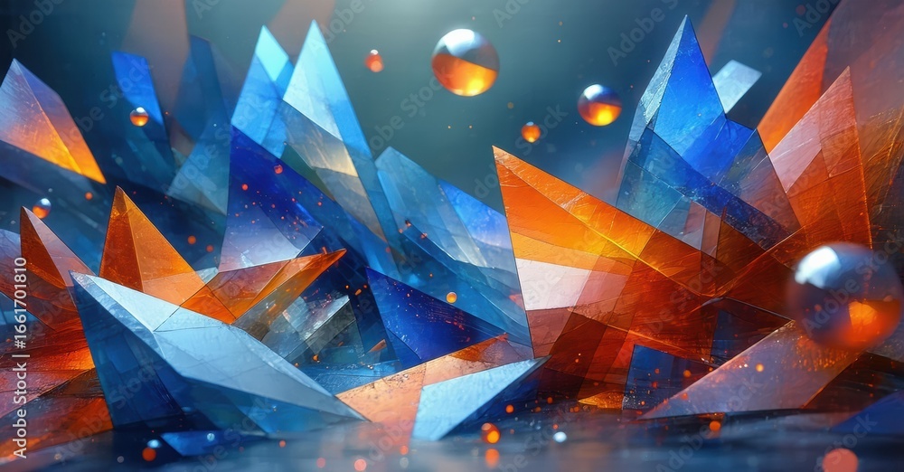 Poster abstract crystal formations dominate scene. blue, orange hues blend, creating dynamic visual texture