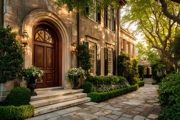 Luxurious dwelling access showcasing curved entrance and maintained foliage signifying wealth amidst daylight brilliance  
