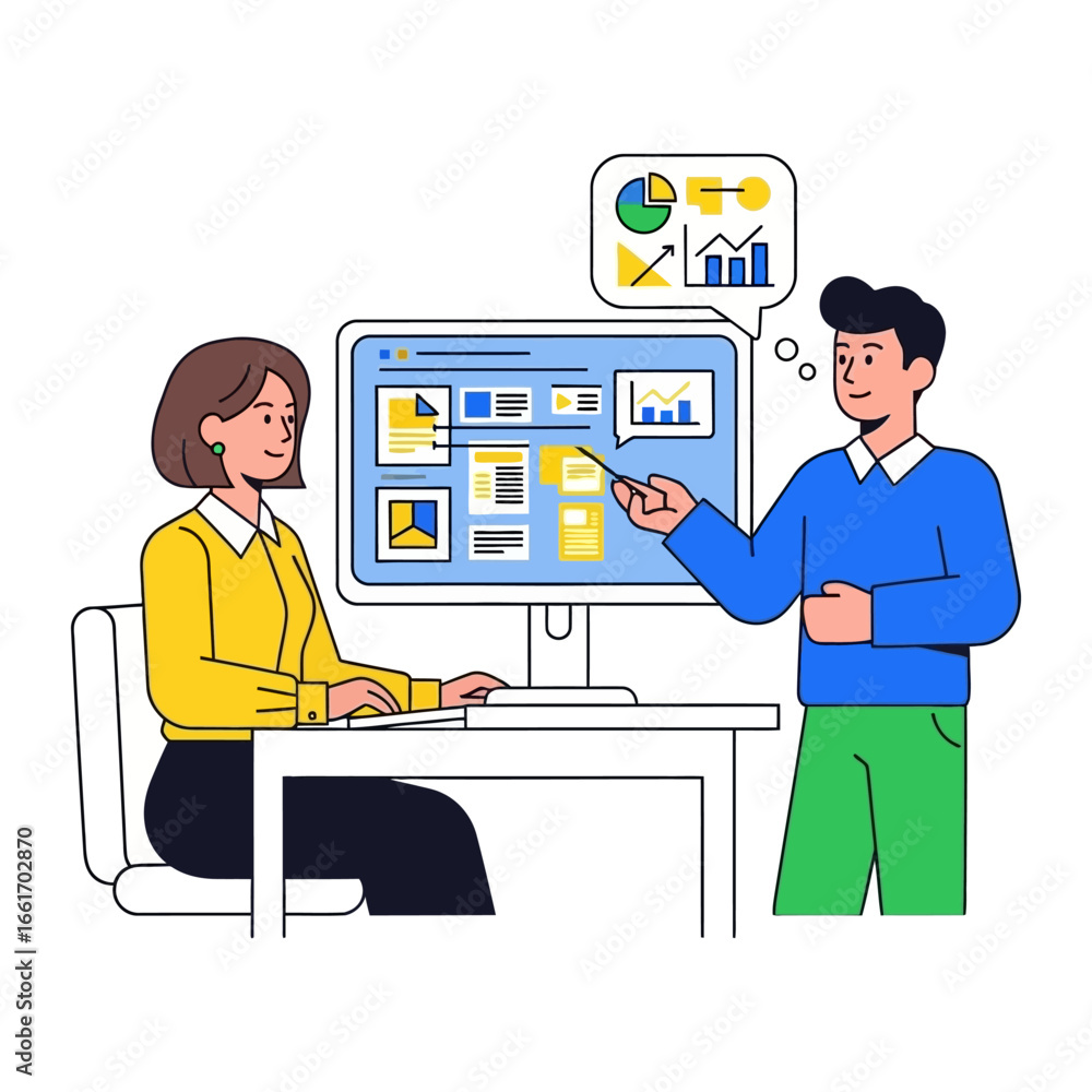 Poster data analysis and presentation: two colleagues engage in a professional setting, reviewing and prese
