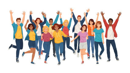 Fototapeta premium Joyful Cohort in Celebration: A vibrant and diverse ensemble of individuals joyfully leaps and celebrates, exuding happiness and unity with arms raised in a moment of pure exhilaration.