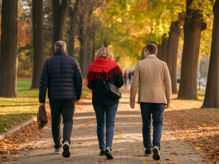 Fototapeta premium Autumn Stroll: Three individuals stroll along a path bordered by trees with turning autumn foliage, the scene bathed in the soft light of a fall day. Capturing the beauty and serenity of the season.