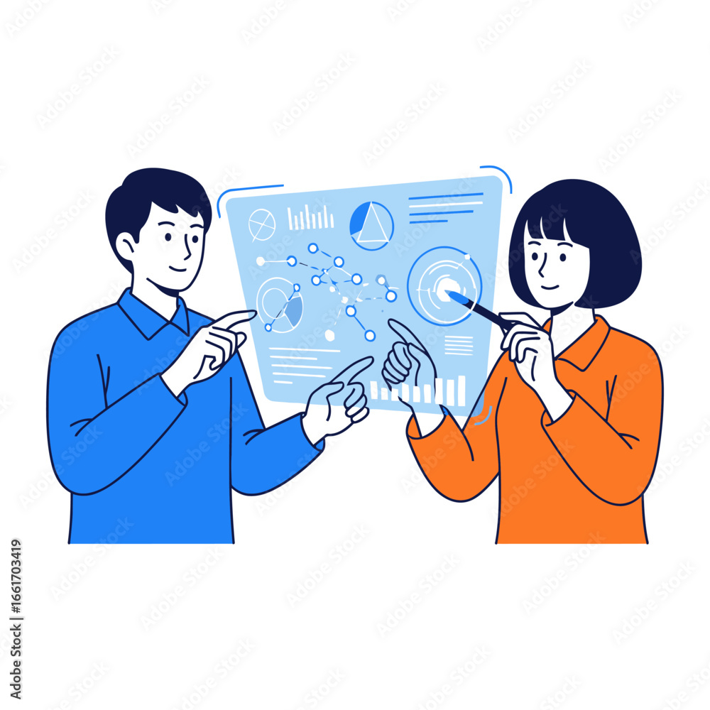 Poster data analysis collaboration: two professionals engage in data analysis and visualization, demonstrat