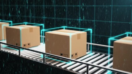 Boxes Moving on Conveyor Belt with Blue Digital Interface in Dark Background - Powered by Adobe