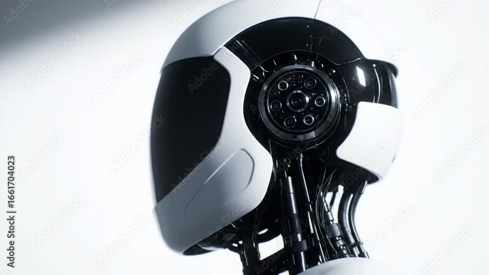 Poster close up view of a white and black robot head with intricate mechanical details