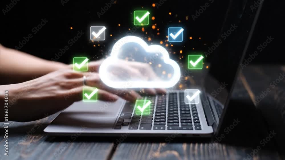 Aufkleber cloud computing network on laptop with hands typing on dark wooden table